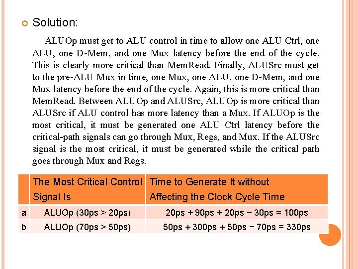  Solution: ALUOp must get to ALU control in time to allow one ALU