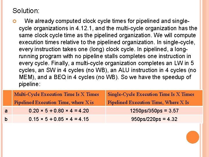 Solution: We already computed clock cycle times for pipelined and singlecycle organizations in 4.