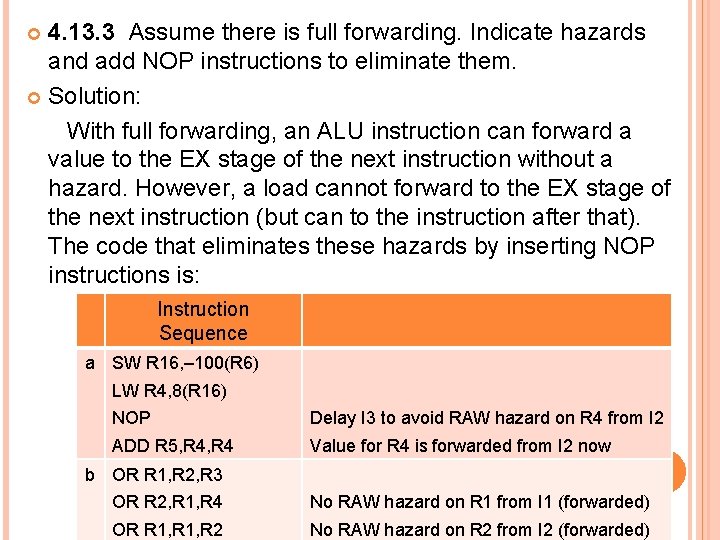 4. 13. 3 Assume there is full forwarding. Indicate hazards and add NOP instructions