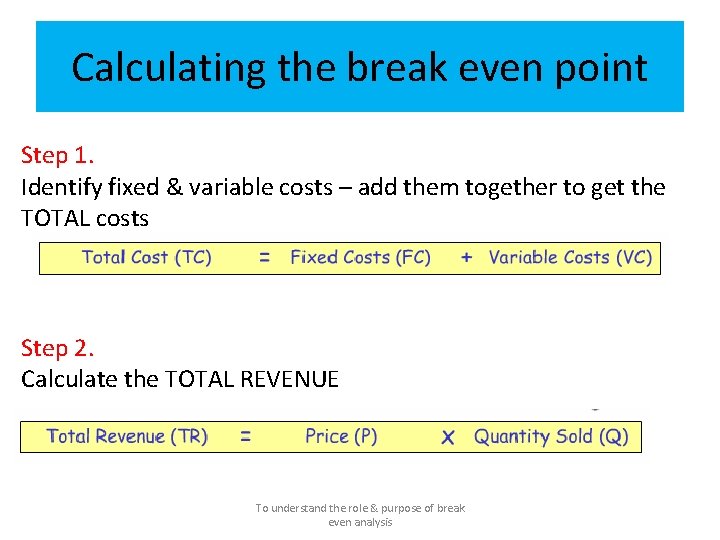 Calculating the break even point Step 1. Identify fixed & variable costs – add