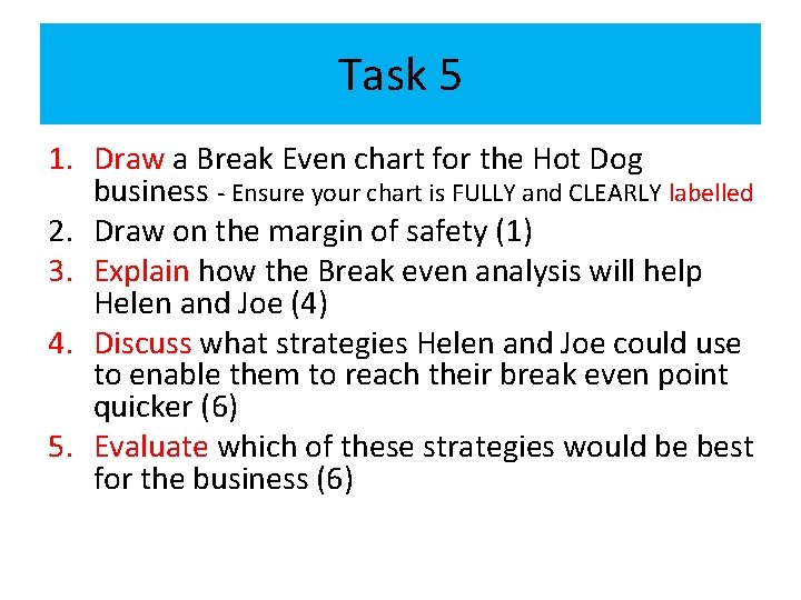 Task 5 1. Draw a Break Even chart for the Hot Dog business -