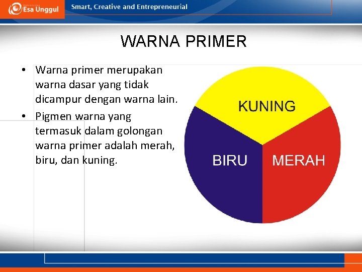 WARNA PRIMER • Warna primer merupakan warna dasar yang tidak dicampur dengan warna lain.