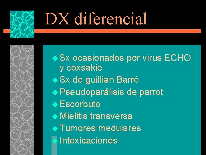 DX diferencial u Sx ocasionados por virus ECHO y coxsakie u Sx de guillian