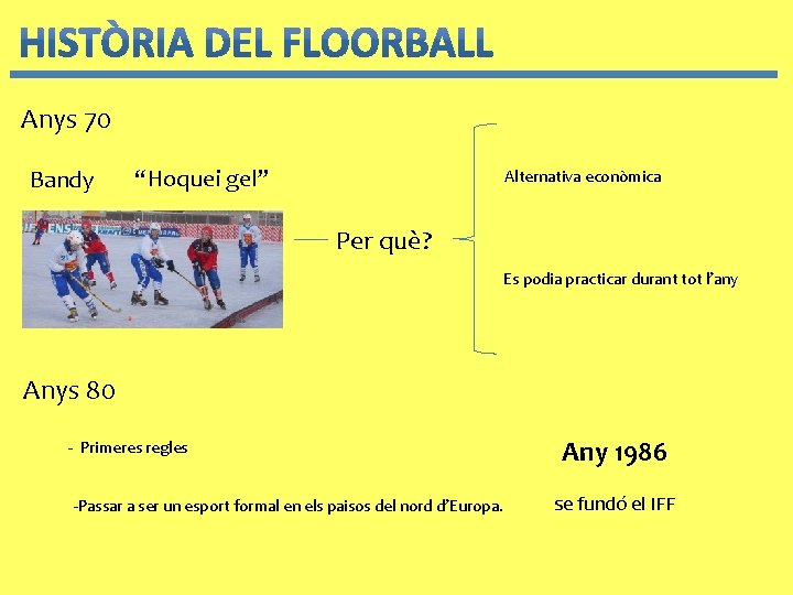 Anys 70 Bandy “Hoquei gel” Alternativa econòmica Per què? Es podia practicar durant tot