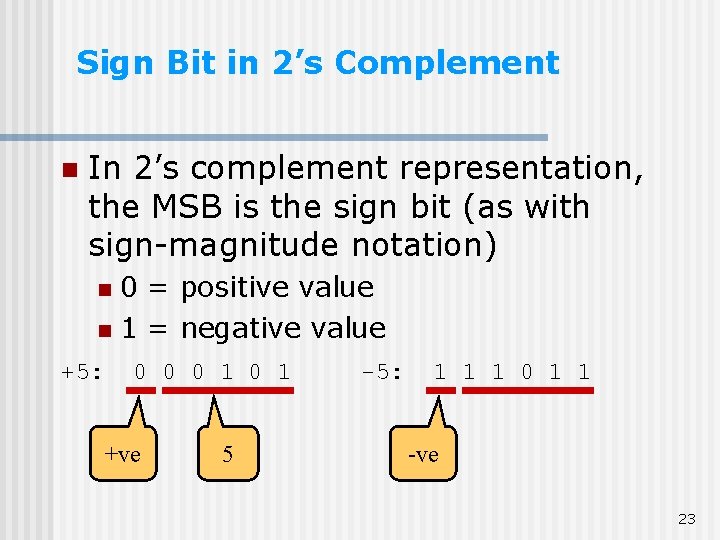 Sign Bit in 2’s Complement n In 2’s complement representation, the MSB is the