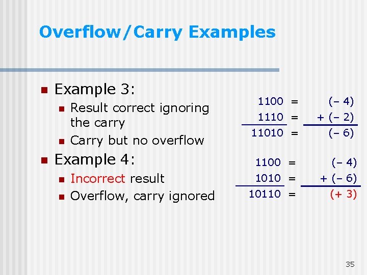 Overflow/Carry Examples n Example 3: n n n Result correct ignoring the carry Carry