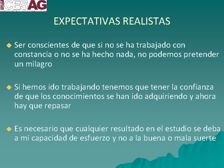 EXPECTATIVAS REALISTAS u Ser conscientes de que si no se ha trabajado constancia o