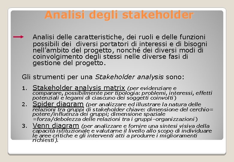  Analisi degli stakeholder Analisi delle caratteristiche, dei ruoli e delle funzioni possibili dei