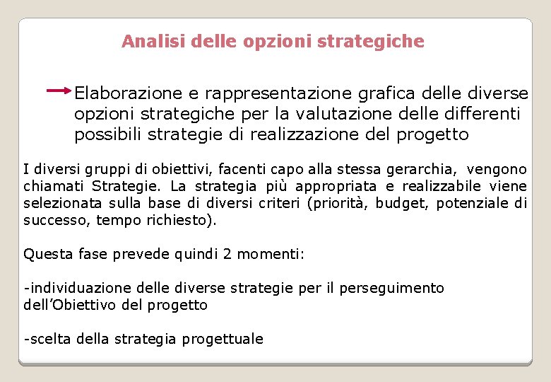 Analisi delle opzioni strategiche Elaborazione e rappresentazione grafica delle diverse opzioni strategiche per la