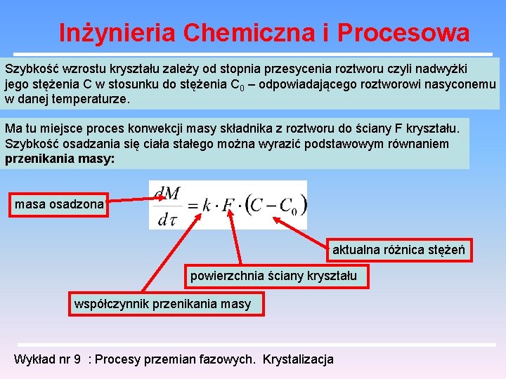 Inżynieria Chemiczna i Procesowa Szybkość wzrostu kryształu zależy od stopnia przesycenia roztworu czyli nadwyżki