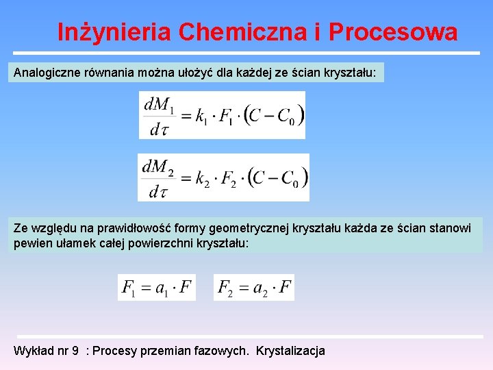 Inżynieria Chemiczna i Procesowa Analogiczne równania można ułożyć dla każdej ze ścian kryształu: Ze