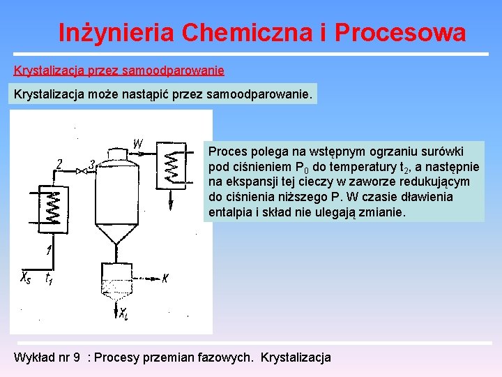 Inżynieria Chemiczna i Procesowa Krystalizacja przez samoodparowanie Krystalizacja może nastąpić przez samoodparowanie. Proces polega