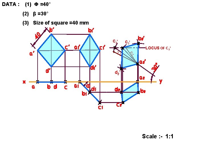 DATA : (1) Ф =40° (2) β =30° (3) Size of square =40 mm