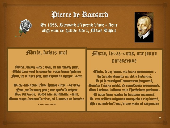 Pierre de Ronsard En 1555, Ronsard s’éprend d’une « fleur angevine de quinze ans Pierre de Ronsard En 1555, Ronsard s’éprend d’une « fleur angevine de quinze ans