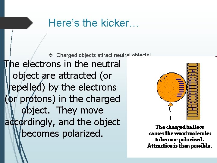Here’s the kicker… Charged objects attract neutral objects! The electrons in the neutral object