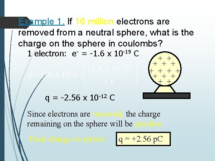 Example 1. If 16 million electrons are removed from a neutral sphere, what is