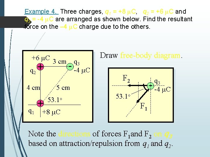 Example 4. Three charges, q 1 = +8 m. C, q 2 = +6