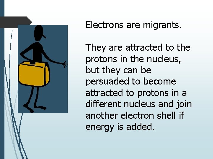 Electrons are migrants. They are attracted to the protons in the nucleus, but they