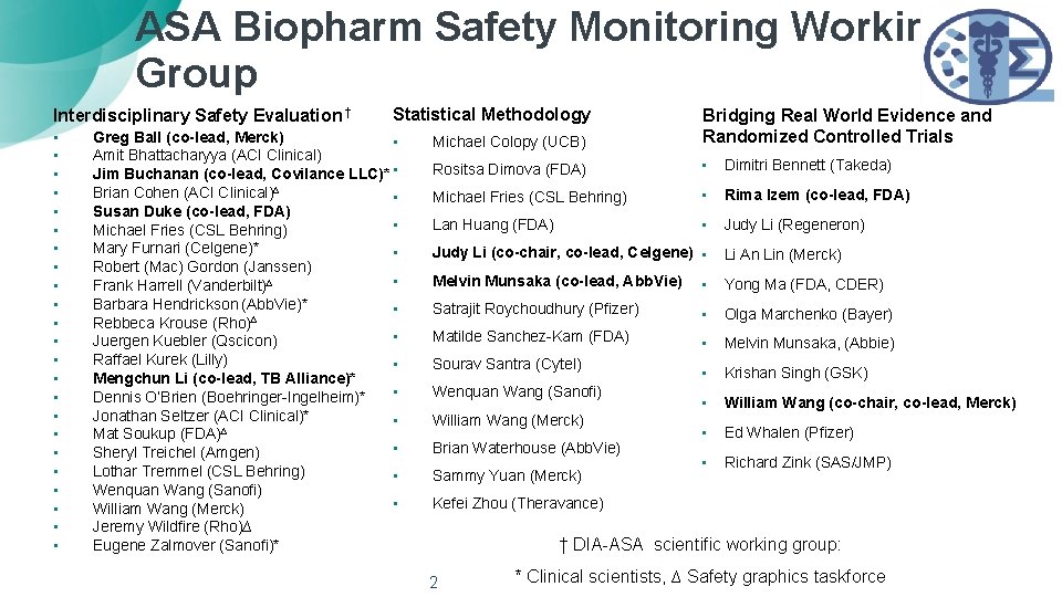 ASA Biopharm Safety Monitoring Working Group Interdisciplinary Safety Evaluation † • • • •