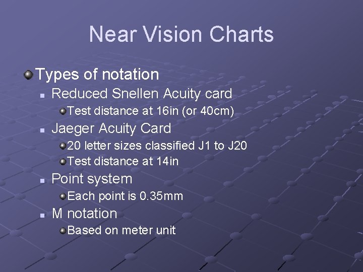 Near Vision Charts Types of notation n Reduced Snellen Acuity card Test distance at