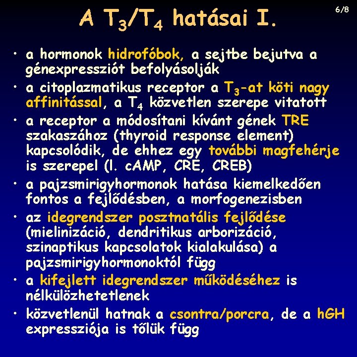 A T 3/T 4 hatásai I. 6/8 • a hormonok hidrofóbok, a sejtbe bejutva