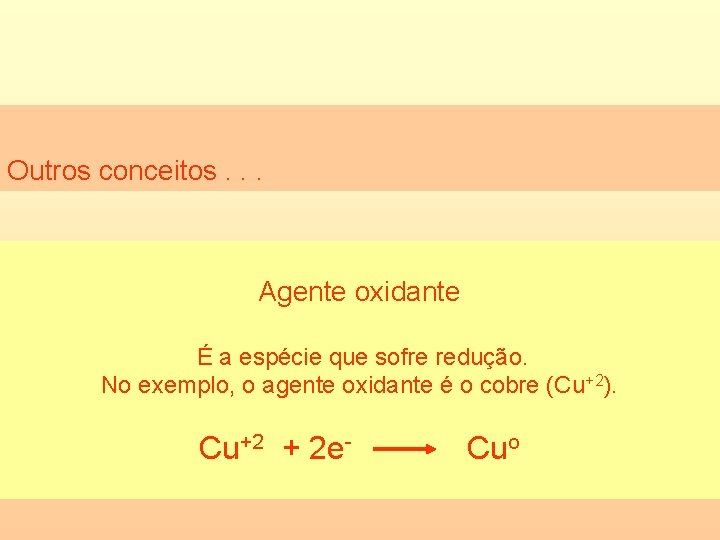 Outros conceitos. . . Agente oxidante É a espécie que sofre redução. No exemplo,