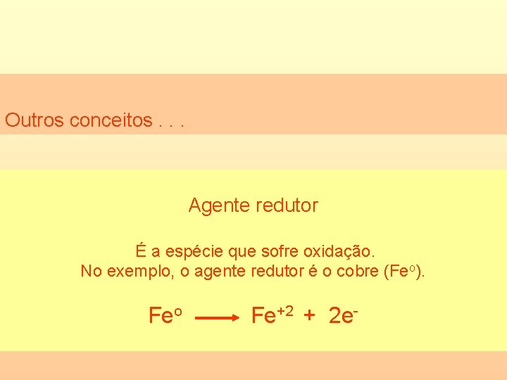 Outros conceitos. . . Agente redutor É a espécie que sofre oxidação. No exemplo,