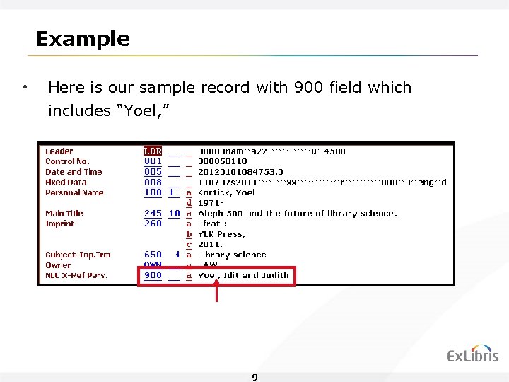 Example • Here is our sample record with 900 field which includes “Yoel, ”