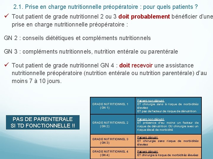 2. 1. Prise en charge nutritionnelle préopératoire : pour quels patients ? ü Tout