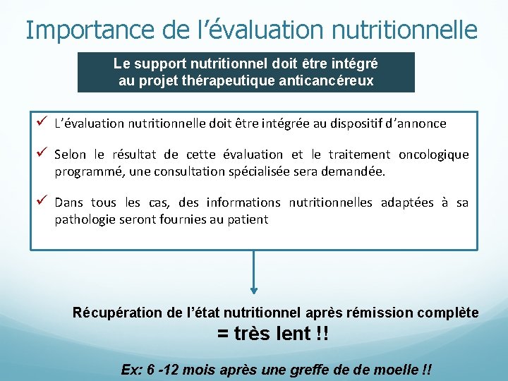 Importance de l’évaluation nutritionnelle Le support nutritionnel doit être intégré au projet thérapeutique anticancéreux