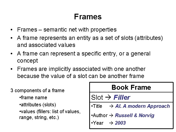 Frames • Frames – semantic net with properties • A frame represents an entity