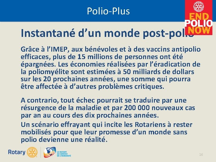 Polio-Plus Instantané d’un monde post-polio Grâce à l’IMEP, aux bénévoles et à des vaccins