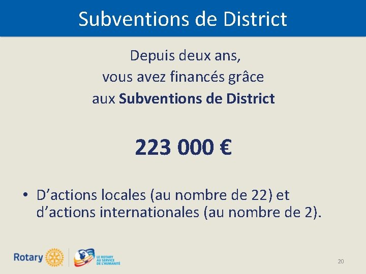 Subventions de District Depuis deux ans, vous avez financés grâce aux Subventions de District