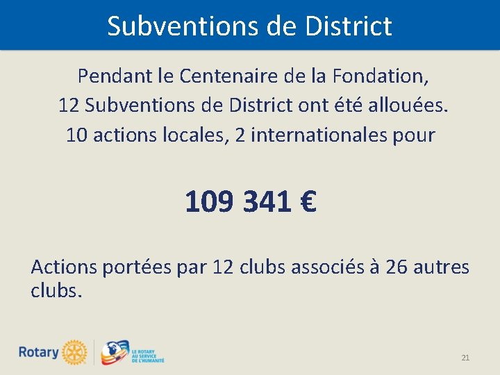 Subventions de District Pendant le Centenaire de la Fondation, 12 Subventions de District ont