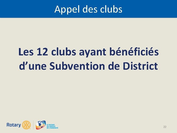 Appel des clubs Les 12 clubs ayant bénéficiés d’une Subvention de District 22 