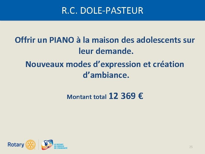 R. C. DOLE-PASTEUR Offrir un PIANO à la maison des adolescents sur leur demande.