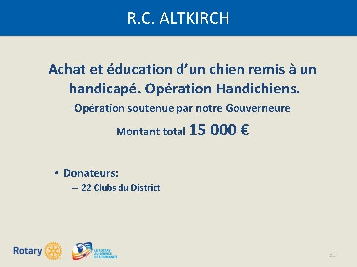 R. C. ALTKIRCH Achat et éducation d’un chien remis à un handicapé. Opération Handichiens.