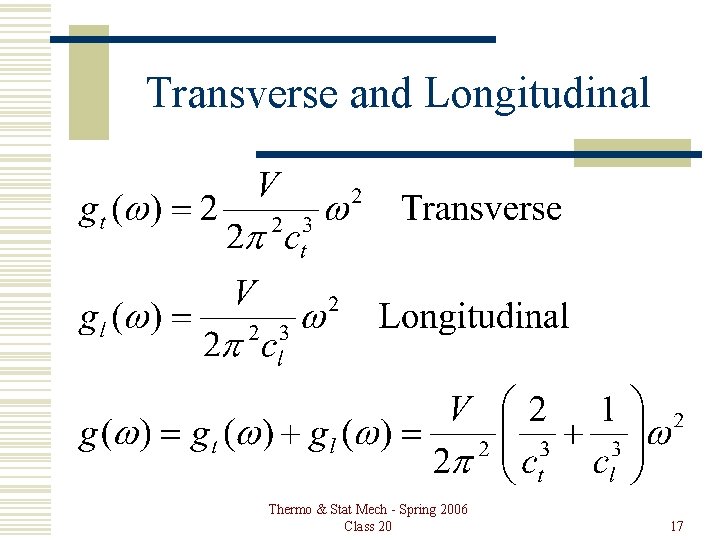 Transverse and Longitudinal Thermo & Stat Mech - Spring 2006 Class 20 17 