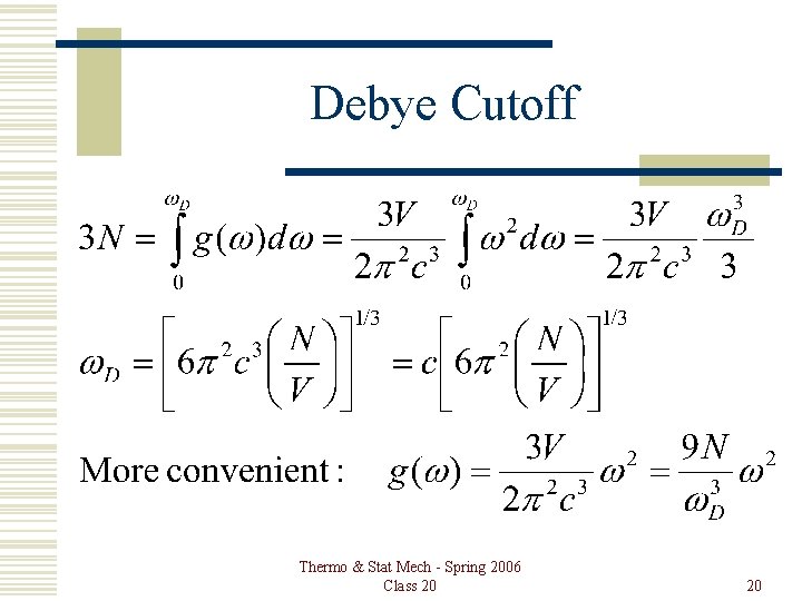 Debye Cutoff Thermo & Stat Mech - Spring 2006 Class 20 20 