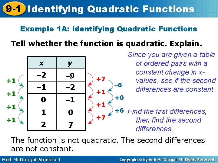 9 -1 Identifying Quadratic Functions Example 1 A: Identifying Quadratic Functions Tell whether the