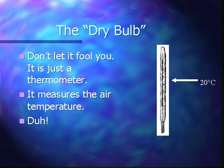The “Dry Bulb” n Don’t let it fool you. It is just a thermometer.