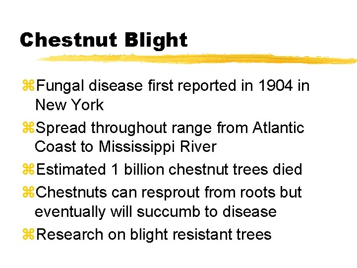 Chestnut Blight z. Fungal disease first reported in 1904 in New York z. Spread