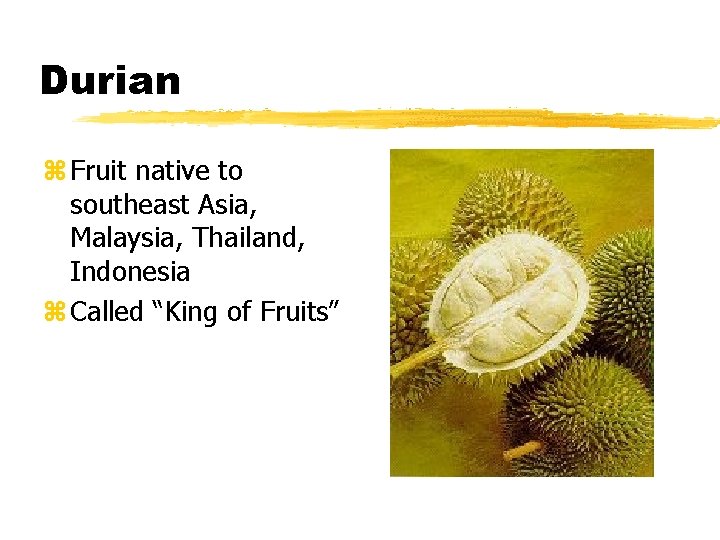 Durian z Fruit native to southeast Asia, Malaysia, Thailand, Indonesia z Called “King of