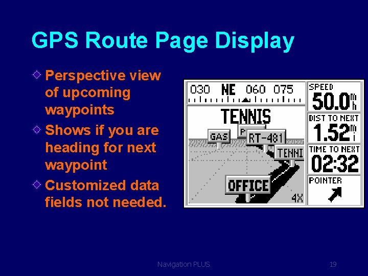 GPS Route Page Display Perspective view of upcoming waypoints Shows if you are heading