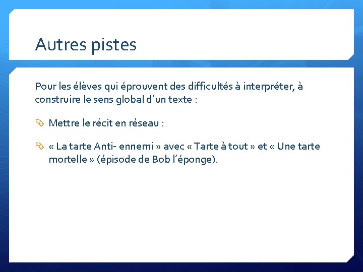 Autres pistes Pour les élèves qui éprouvent des difficultés à interpréter, à construire le