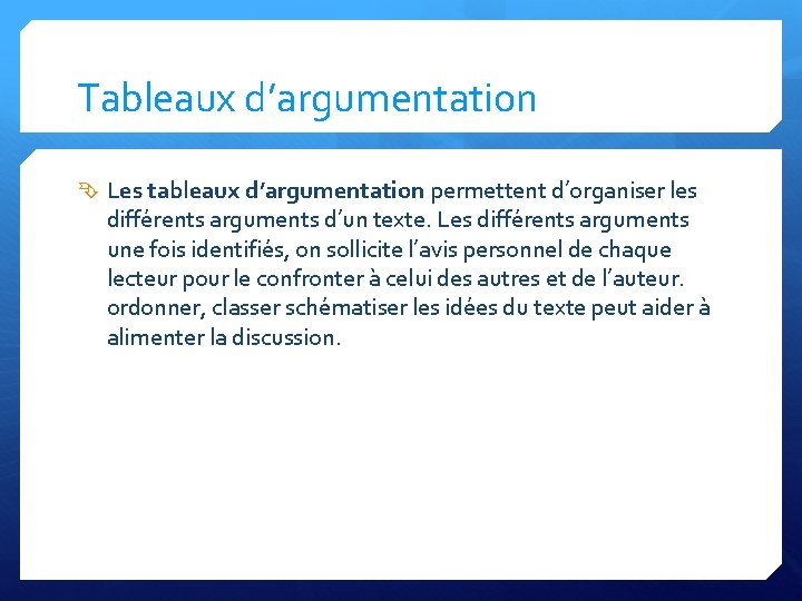 Tableaux d’argumentation Les tableaux d’argumentation permettent d’organiser les diffe rents arguments d’un texte. Les