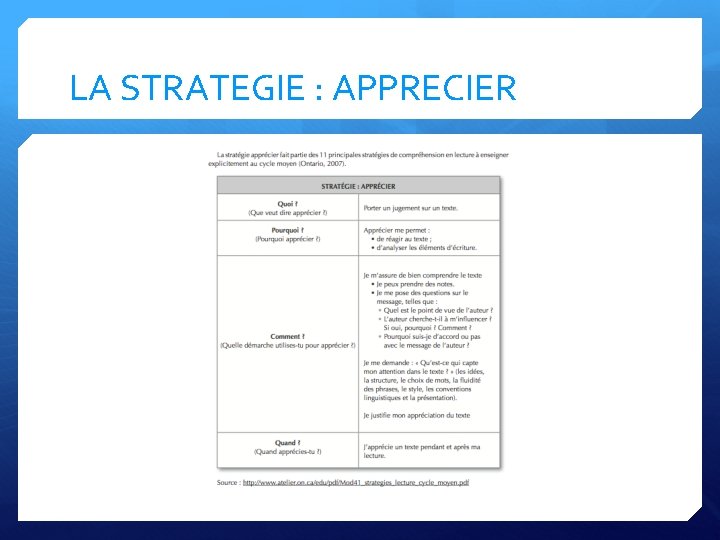 LA STRATEGIE : APPRECIER 