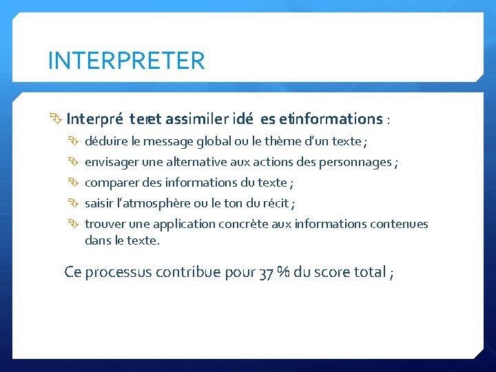 INTERPRETER Interpre teret assimiler ide es etinformations : de duire le message global ou