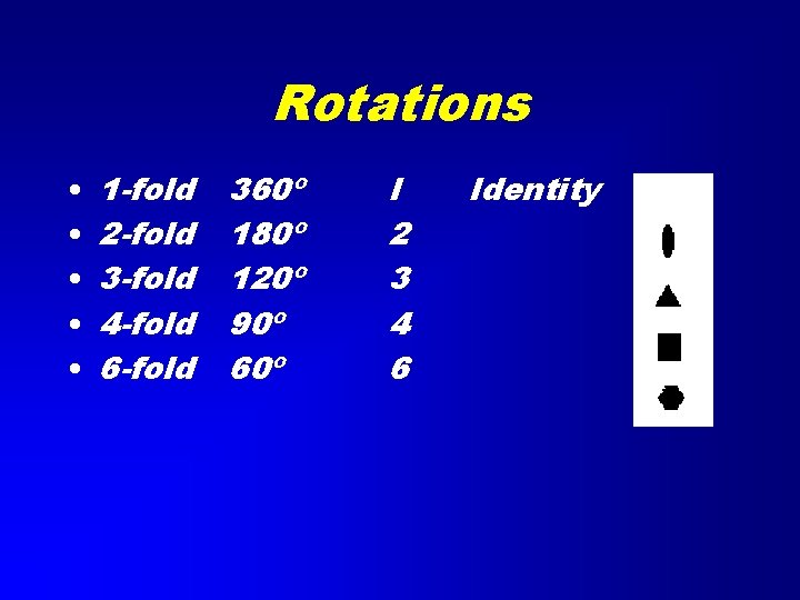 Rotations • • • 1 -fold 2 -fold 3 -fold 4 -fold 6 -fold