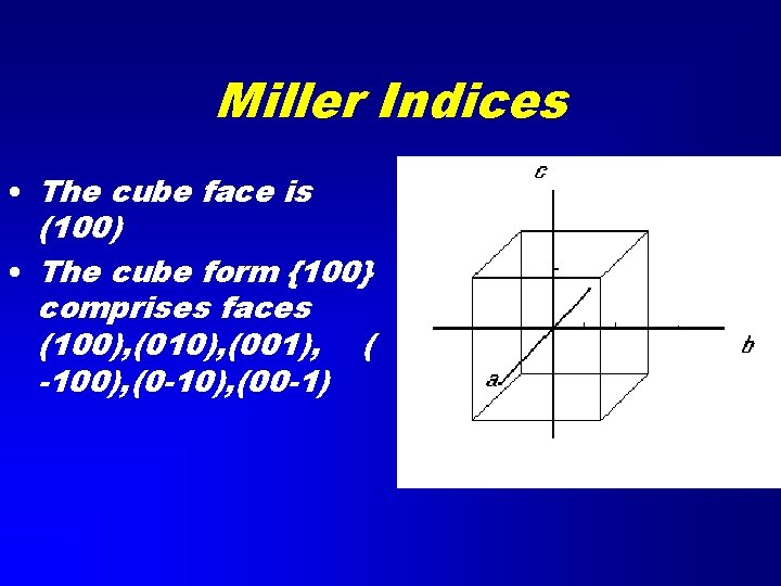 Miller Indices • The cube face is (100) • The cube form {100} comprises